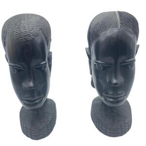 Vintage African Hand Carved Ebony Wood Sculpture  Heads set of two